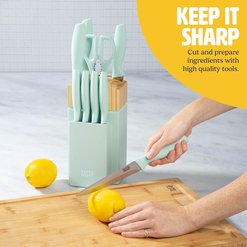 Tasty Kitchen Knife Set with Block, Cutlery Set includes Chef, Bread, Utility, Paring, Steak Knives & Shears, 10-Piece, Aqua - Image 4